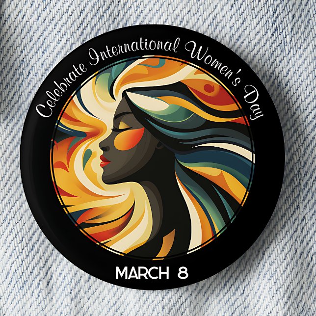 Art Deco Celebrate International Women's Day Button (Celebrate International Women's Day March 8 pinback button.)
