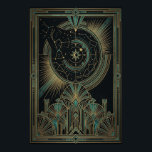 Art Deco Celestial Astrolabe Poster | Gold Teal<br><div class="desc">Explore the mysteries of the cosmos with the "Aura Celestial" Astrolabe poster. This intricate design features a central celestial engine, complete with orbiting planets and a crescent moon star, surrounded by meticulously detailed constellation maps. Below the heavens sits a grand, symmetrical Art Deco structure composed of elegant fan motifs and...</div>