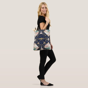 Art Deco Celestial Moon Phases Floral Gold Glitter Tote Bag