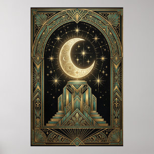 Art Deco Celestial Moon Ziggurat Poster   Gold Tea