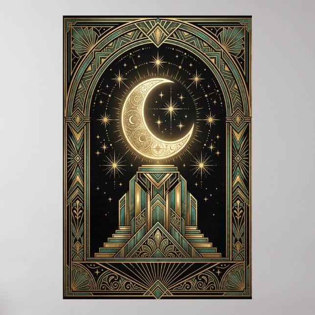 Art Deco Celestial Moon Ziggurat Poster | Gold Tea (Front)