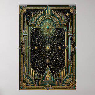 Art Deco Celestial Star Map Poster   Gold Teal