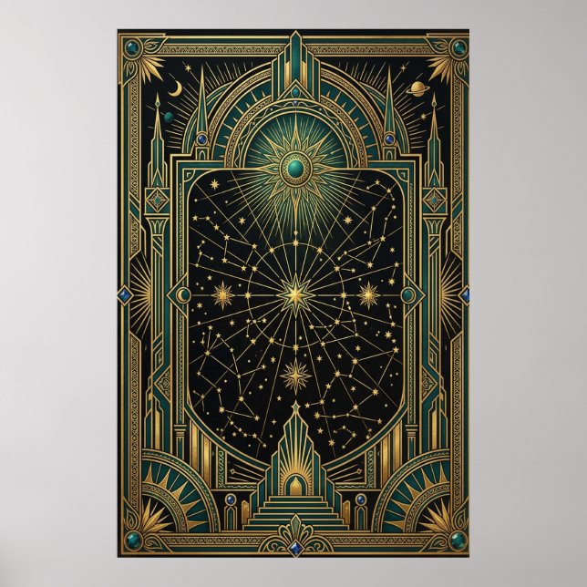 Art Deco Celestial Star Map Poster | Gold Teal (Front)