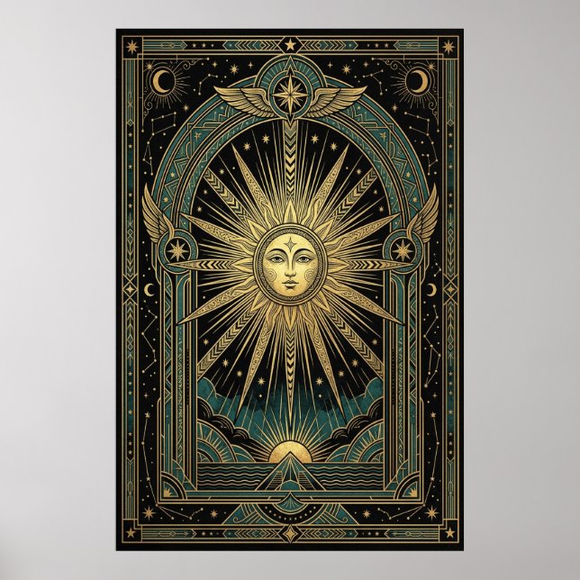 Art Deco Celestial Sun Face Poster | Gold Teal (Front)