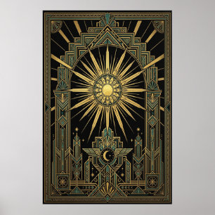 Art Deco Celestial Sun & Moon Poster Gold Geomet