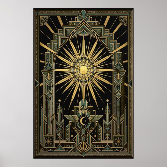 Art Deco Celestial Sun & Moon Poster | Gold Geomet (Front)