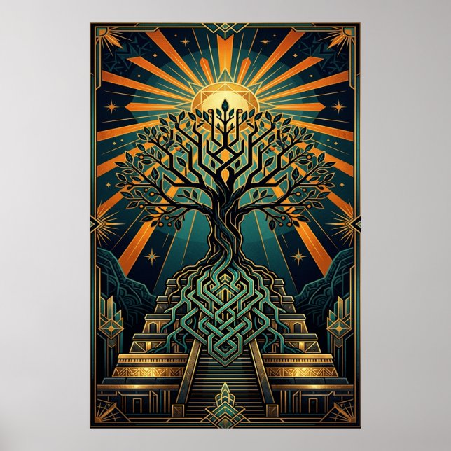 Art Deco Celtic Tree of Life Pyramid Gold Teal  Poster (Front)