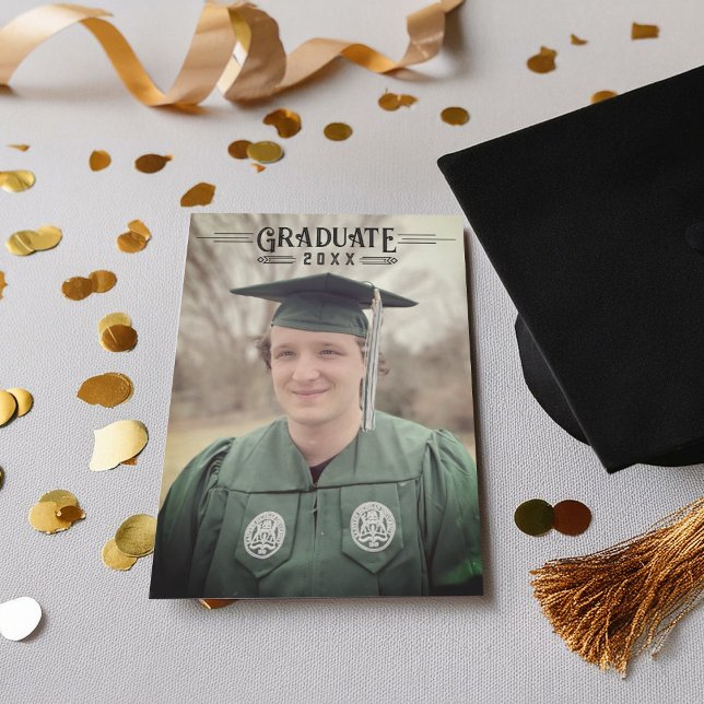 Art Deco Chalkboard Graduation Announcement (Graduation Photo Announcement with art deco theme)
