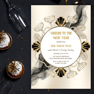 Art Deco Champagne & Pearls Cheers to the New Year Invitation