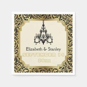 Art Deco chandelier black, gold damask wedding Napkins