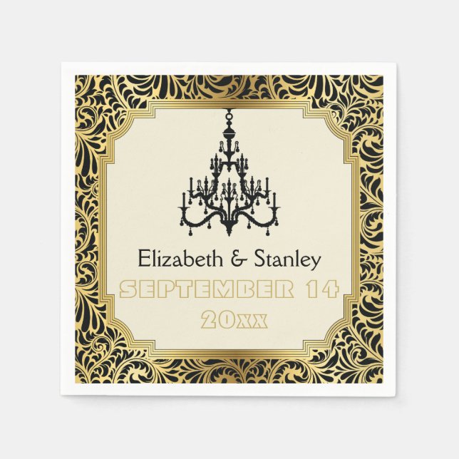 Art Deco chandelier black, gold damask wedding Napkins (Front)
