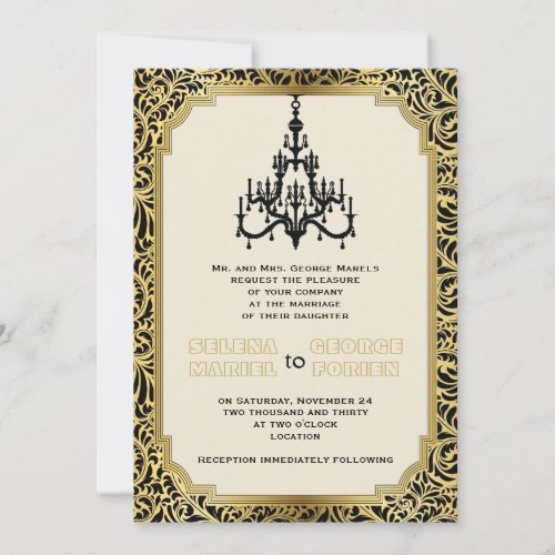 Art Deco chandelier black, gold wedding Invite