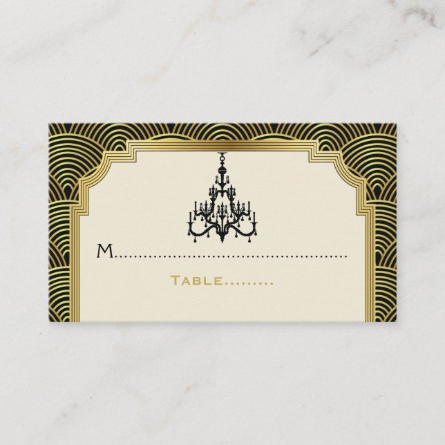 Art Deco chandelier black, gold wedding place card (Front)