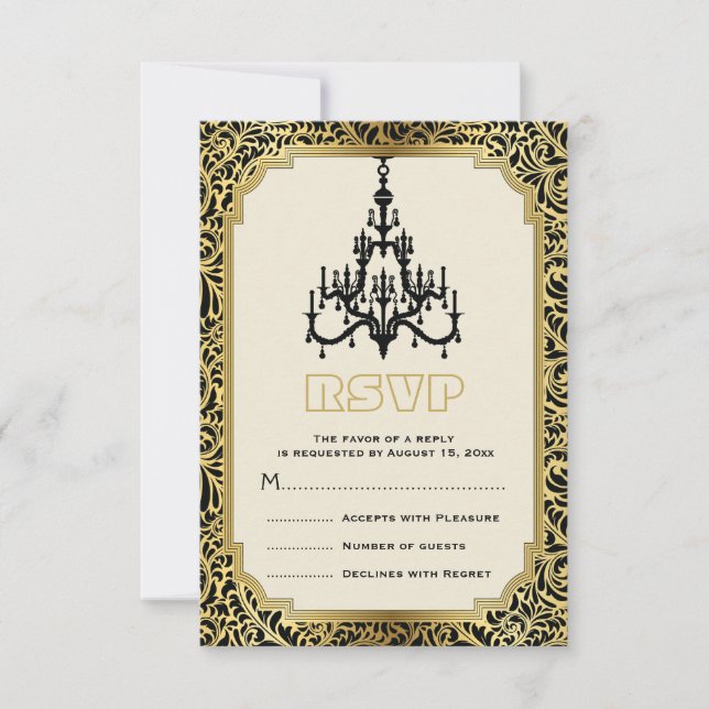 Art Deco chandelier black, gold wedding RSVP Card (Front)