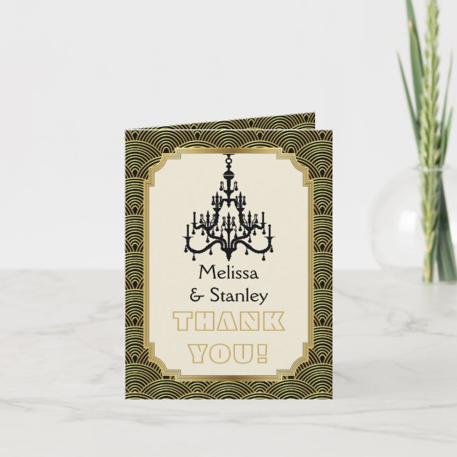 Art Deco chandelier black, gold wedding Thank You (Front)