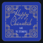 Art Deco Chanukkah  Blue and Gold Design Square Sticker<br><div class="desc">"Chanukah Happy/Gold" Stickers Square. Have fun using these stickers as cake toppers, gift tags, favor bag closures, or whatever rocks your festivities! Background color can be changed by selecting a different color from color swatches. Personalize by deleting text, and adding your own words, using your favorite font style, size, and...</div>