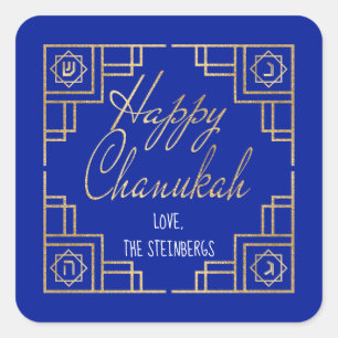 Art Deco Chanukkah Blue and Gold Design Square Sticker