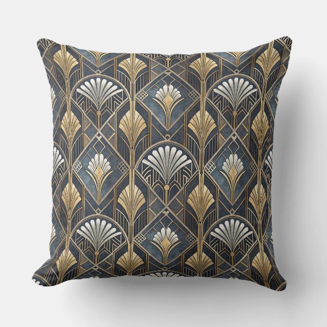 Art Deco Charcoal Black & Gold Geometric Pattern Throw Pillow (Front)