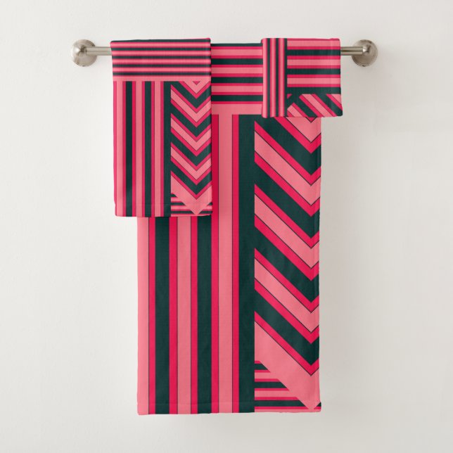 Art Deco Charcoal Pink Abstract Elegant Pattern Bath Towel Set (Insitu)