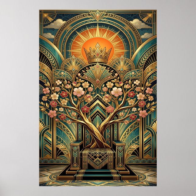 Art Deco Cherry Blossom Tree Throne Gold Teal Poster (Front)