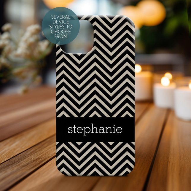 Art Deco Chevrons Beige and Black Custom Name Case-Mate iPhone Case (Personalized Phone Case)