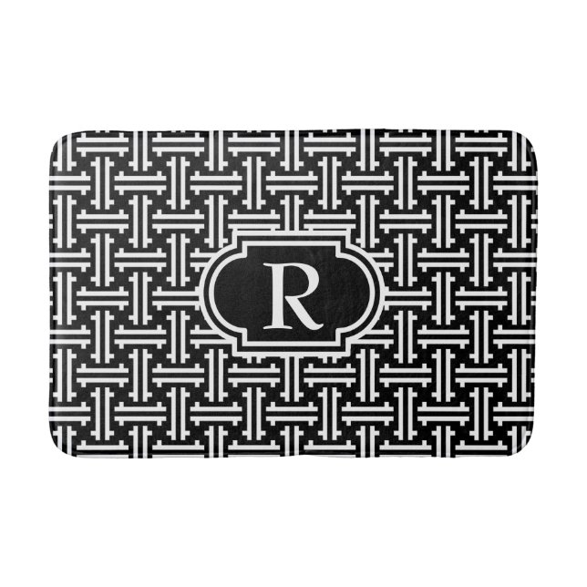 Art Deco Chinese Fret, Black and White Bathroom Mat (Front)