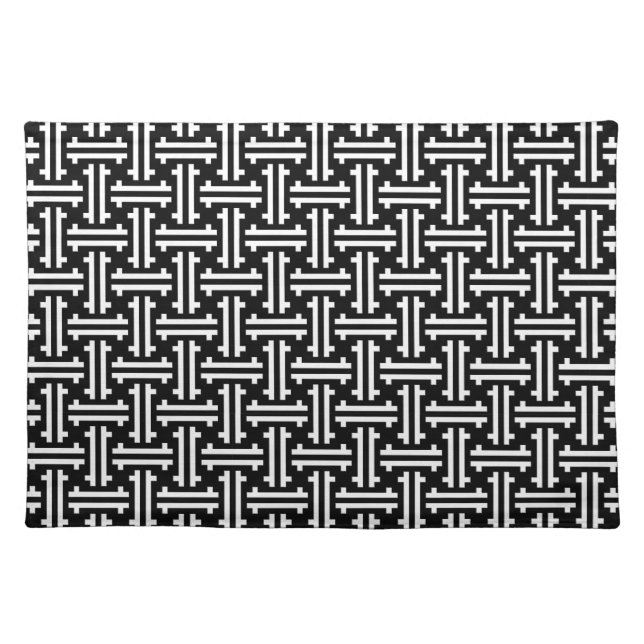 Art Deco Chinese Fret, Black and White Cloth Placemat (Front)