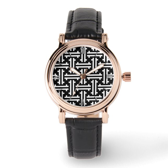 Art Deco Chinese Fret, Black and White Watch (Front)