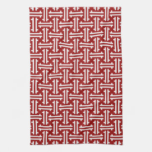 Art Deco Chinese Fret, Dark Red and White Kitchen Towel