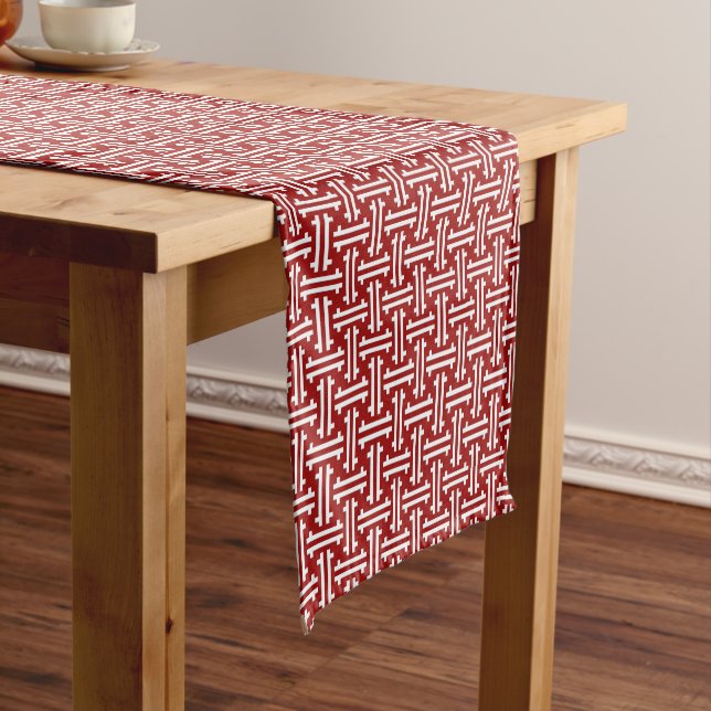 Art Deco Chinese Fret, Dark Red and White Short Table Runner (In Situ)