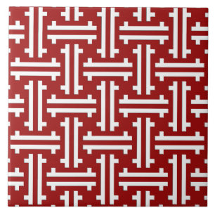 Art Deco Chinese Fret, Dark Red and White Tile