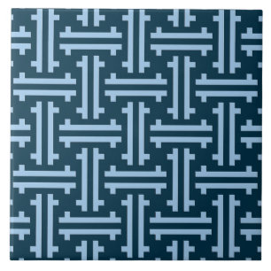 Art Deco Chinese Fret, Indigo and Sky Blue Ceramic Tile