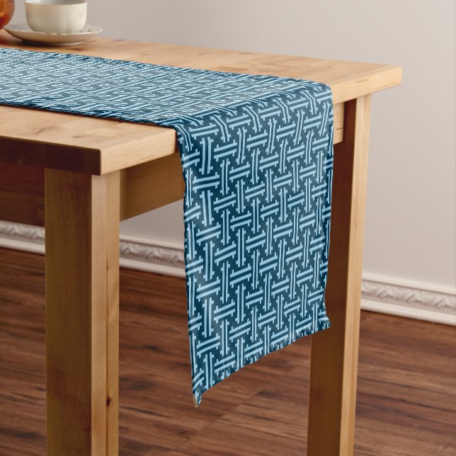 Art Deco Chinese Fret, Indigo and Sky Blue Short Table Runner (In Situ)