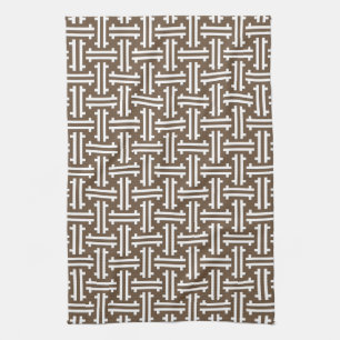 Art Deco Chinese Fret, Taupe Tan and White Kitchen Towel