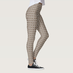 Art Deco Chinese Fret, Taupe Tan and White Leggings