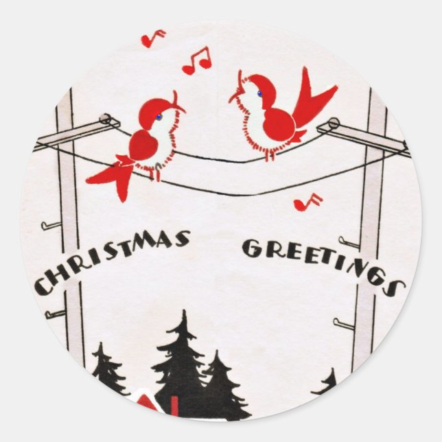 Art Deco Christmas Birds Classic Round Sticker (Front)