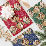 Art Deco Christmas Custom Photos Red Green Blue 3 Wrapping Paper Sheets<br><div class="desc">Add a touch of Art Deco style to the holiday season with this personalized Christmas wrapping paper! There are three different colored sheets, each with a custom name and different photos. This festive pattern features geometric diamond shapes and stars in white and gold color, on deep red, green and blue...</div>