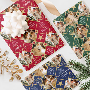 Art Deco Christmas Custom Photos Red Green Blue 3 Wrapping Paper Sheets