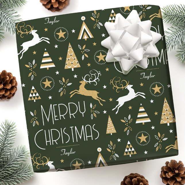 Art Deco Christmas Reindeer Custom Name Dark Green Wrapping Paper (Creator Uploaded)
