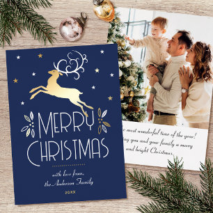 Art Deco Christmas Reindeer Photo Deep Blue Gold Foil Holiday Card