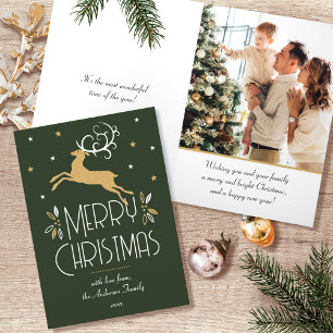Art Deco Christmas Reindeer Photo Deep Green  Gold Holiday Card