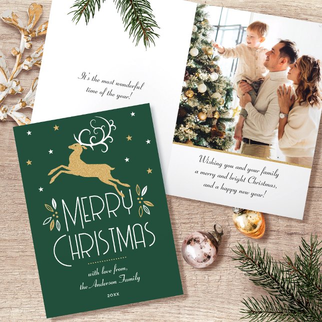 Art Deco Christmas Reindeer Photo Green Gold Holiday Card (Creator Uploaded)
