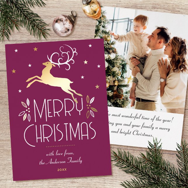 Art Deco Christmas Reindeer Photo Plum Gold Foil Holiday Card (Creator Uploaded)