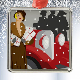 Art Deco Christmas Shopping Vintage Winter Metal Ornament
