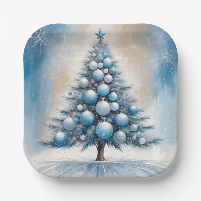 Art Deco Christmas Tree Blue Luxurious Ornaments Paper Plates (Front)