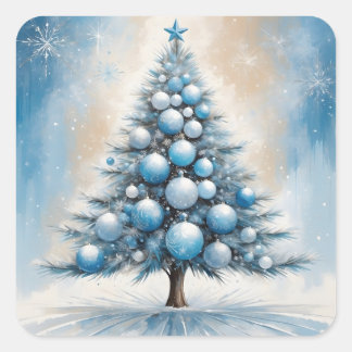 Art Deco Christmas Tree Blue Luxurious Ornaments Square Sticker