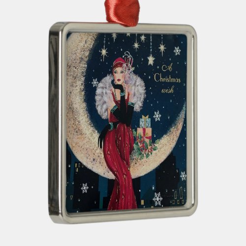 Art Deco Christmas Wish on a Half Moon Metal Ornament