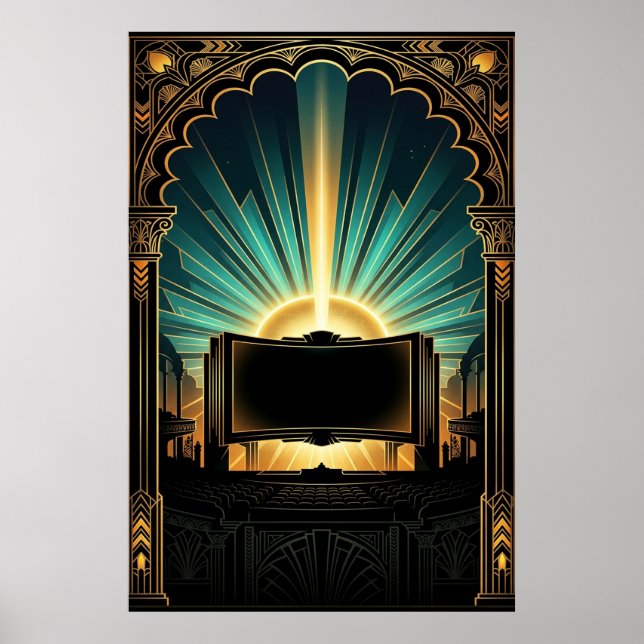 Art Deco Cinema Popcorn Machine Gold & Teal Poster (Front)