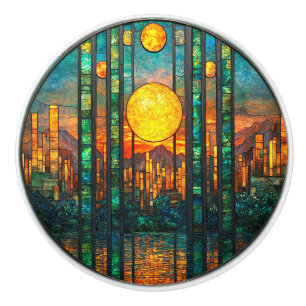 Art Deco Cityscape Setting Sun Mountains Ceramic Knob