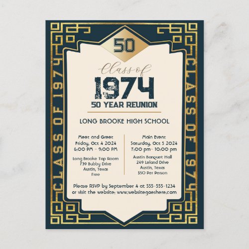 Art Deco Class of 1974 50 Year High School Reunion Postcard